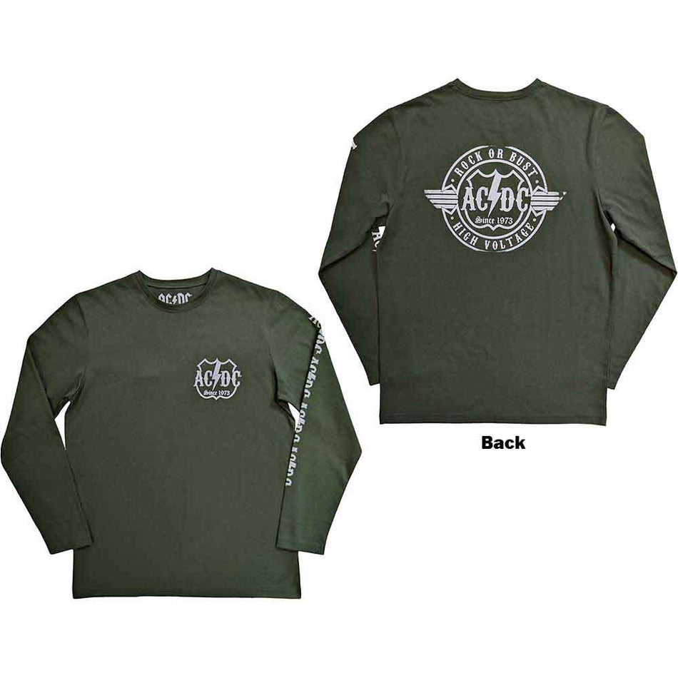 AC/DC Unisex Long Sleeve T-Shirt: Rock Or Bust (Green) (Back & Sleeve Print)