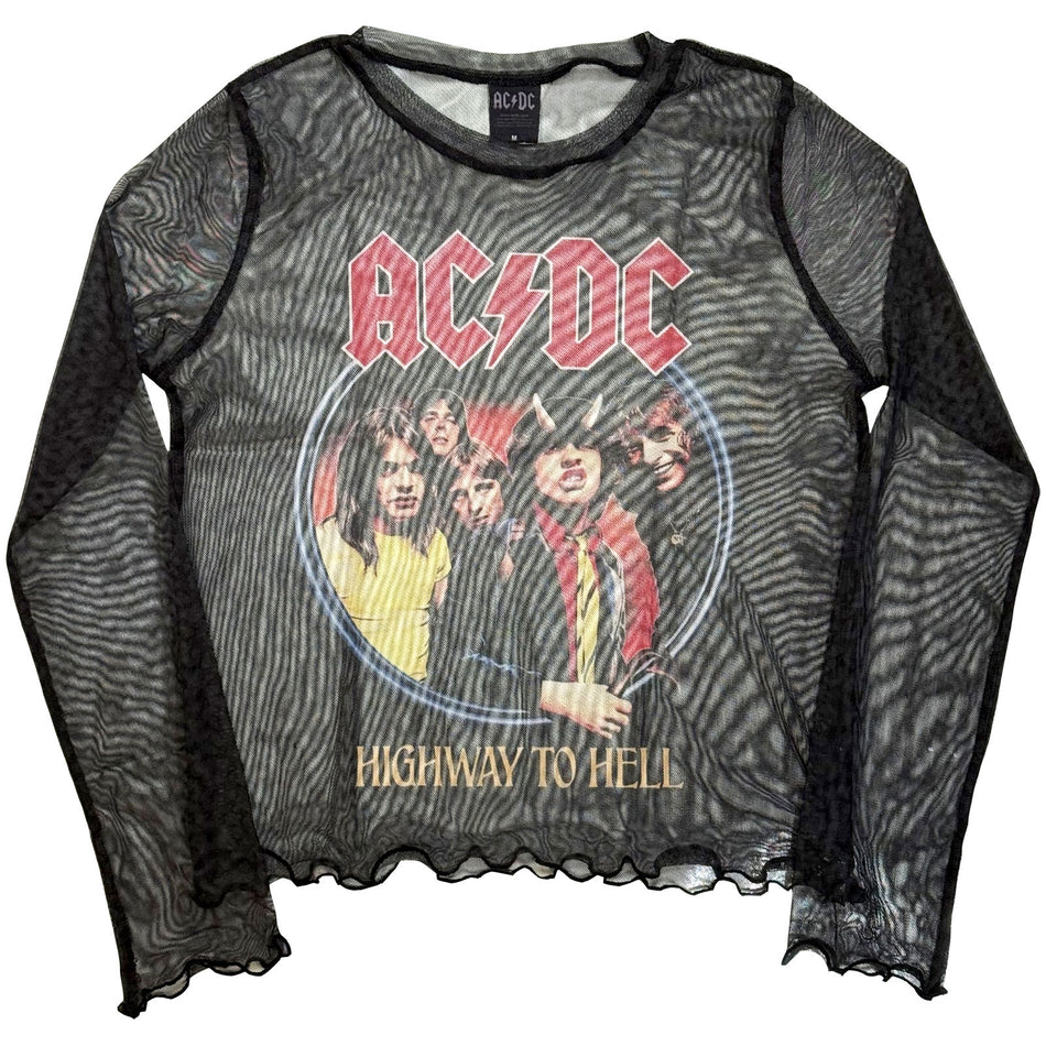 AC/DC Ladies Long Sleeve Mesh Crop Top: Highway To Hell (Black)