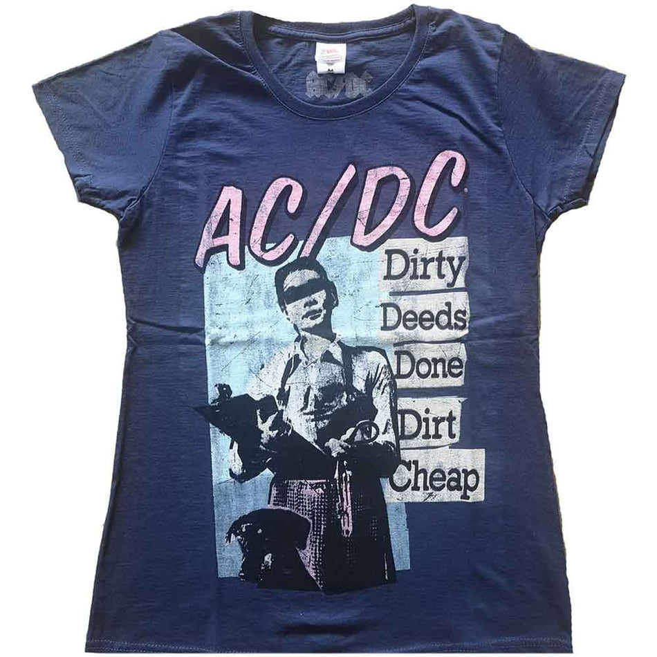 AC/DC Ladies T-Shirt: Vintage DDDDC (Navy Blue)