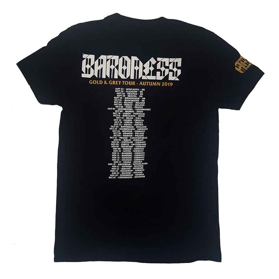 Baroness Unisex T-Shirt: Gold & Grey Date back (Black) (Back Print & Ex-Tour)