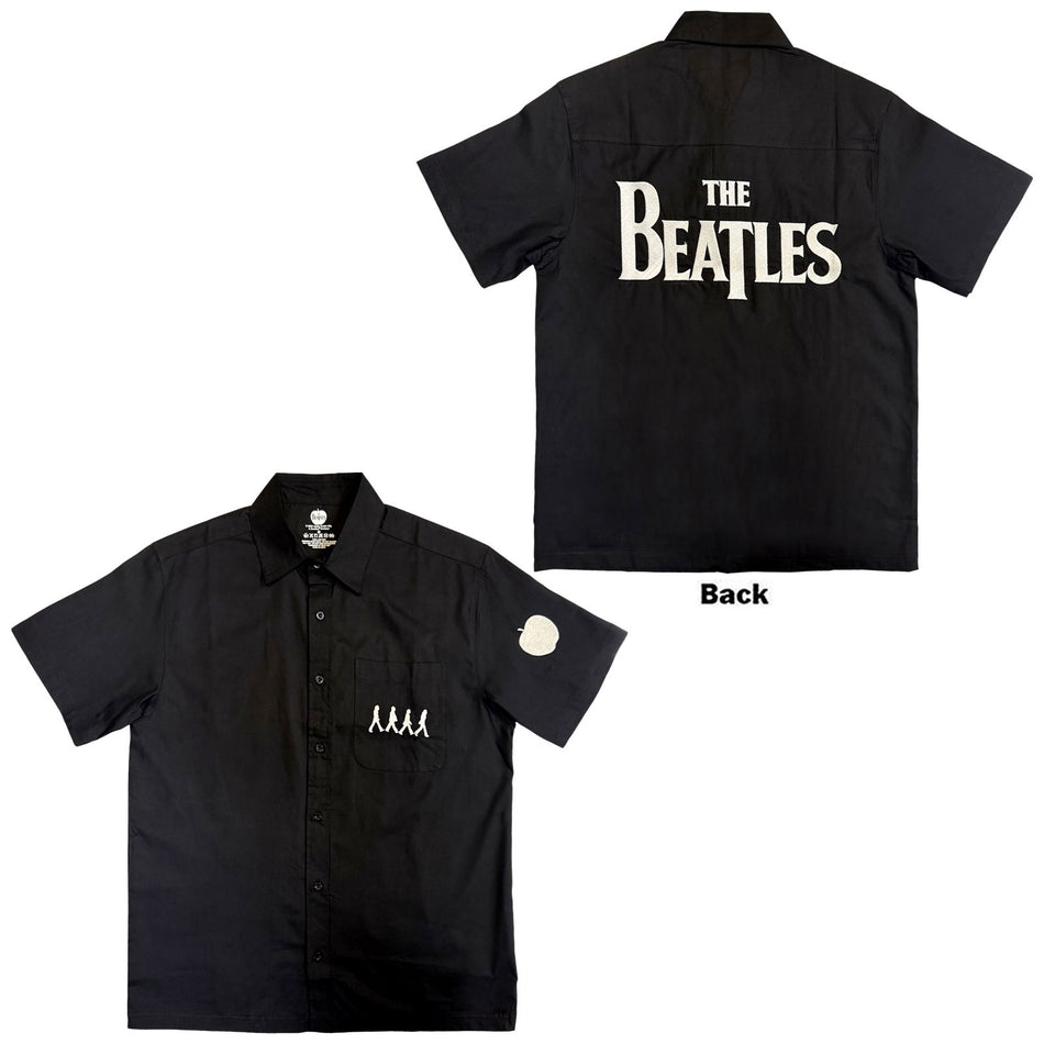 The Beatles Unisex Casual Shirt: Apple Logo / Walking (Black) (Back & Sleeve Print)