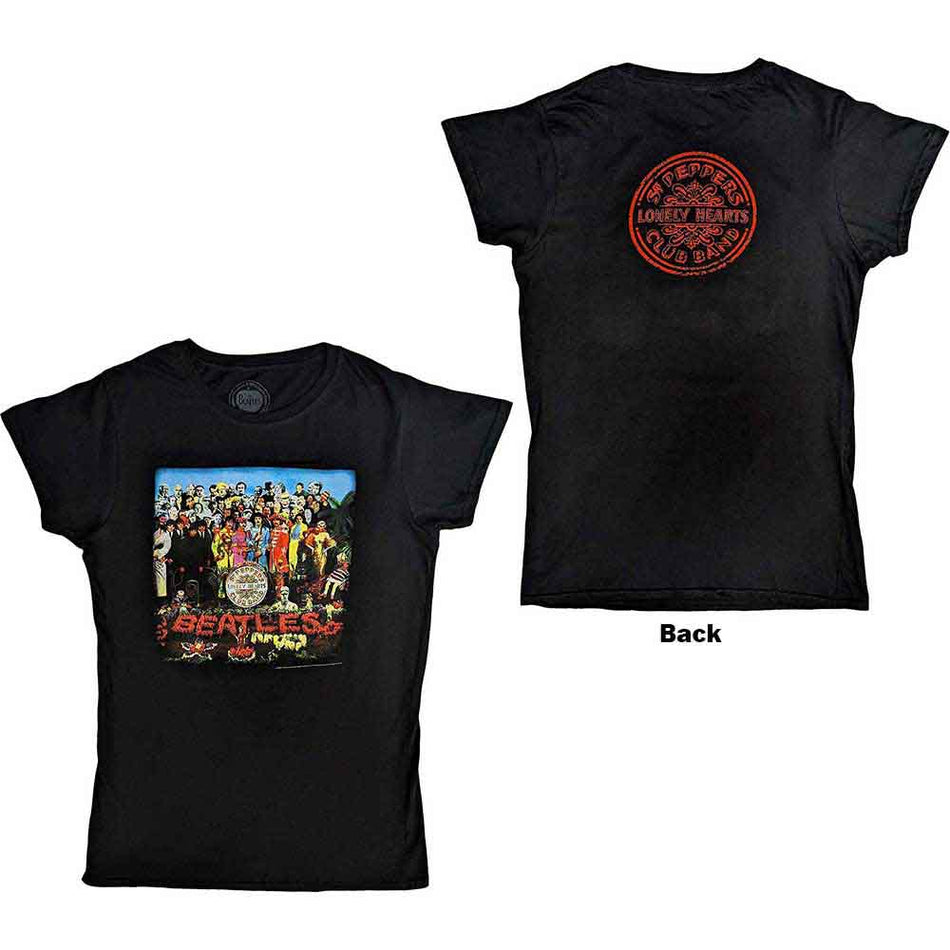 The Beatles Ladies T-Shirt: Vintage Sgt Pepper (Black) (Back Print)