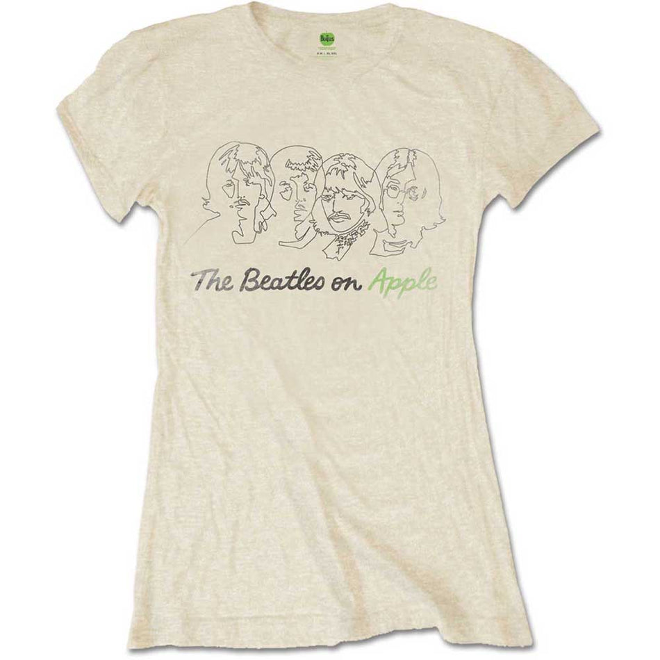 The Beatles Ladies T-Shirt: Outline Faces on Apple (Sand)