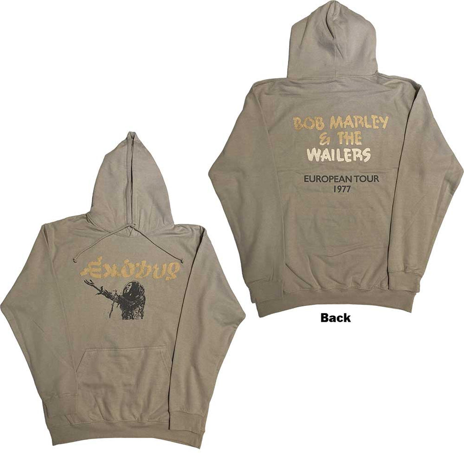 Bob Marley Unisex Pullover Hoodie: Exodus Mic Photo Wailers Tour 77 (Sand) (Back Print & Hi-Build)