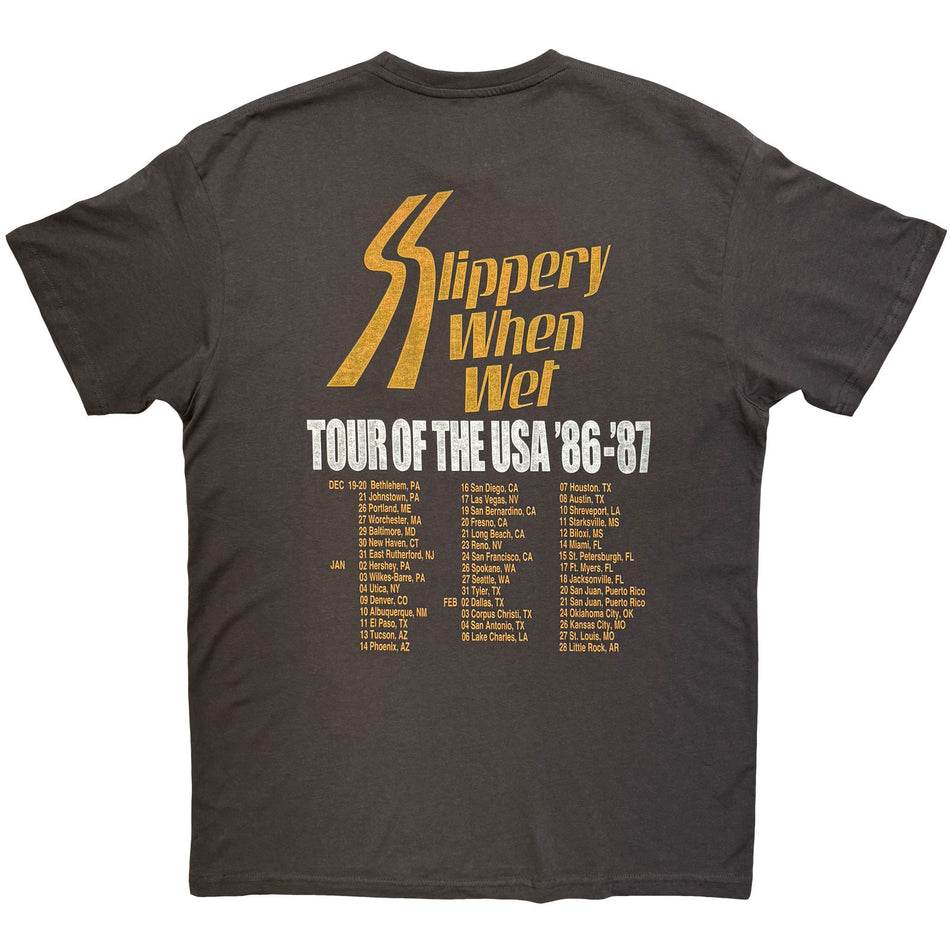 Bon Jovi Unisex T-Shirt: Slippery When Wet Tour '86-'87 (Charcoal Grey) (Back Print)