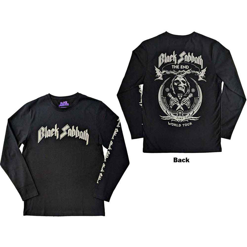 Black Sabbath Unisex Long Sleeve T-Shirt: The End Mushroom Cloud (Black) (Back & Sleeve Print)