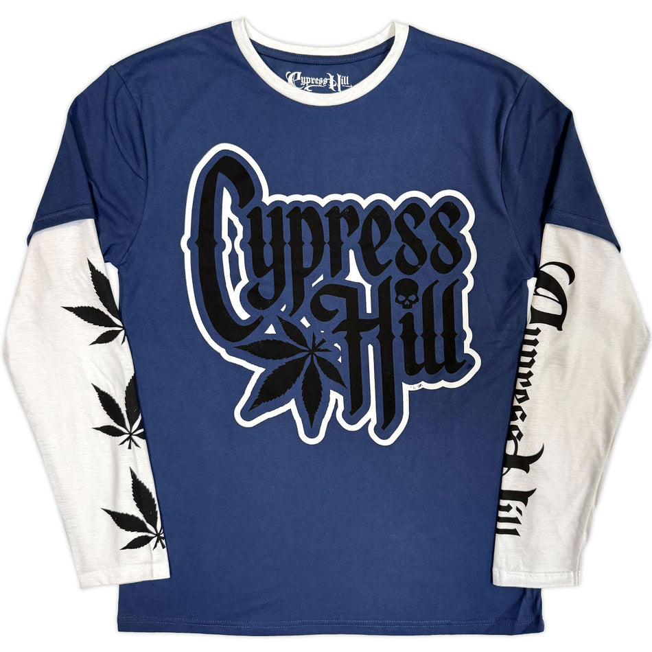 Cypress Hill Unisex 2 In 1 Layered Long Sleeve T-Shirt: Leaf & Logo (Denim Blue & White) (Sleeve Print)