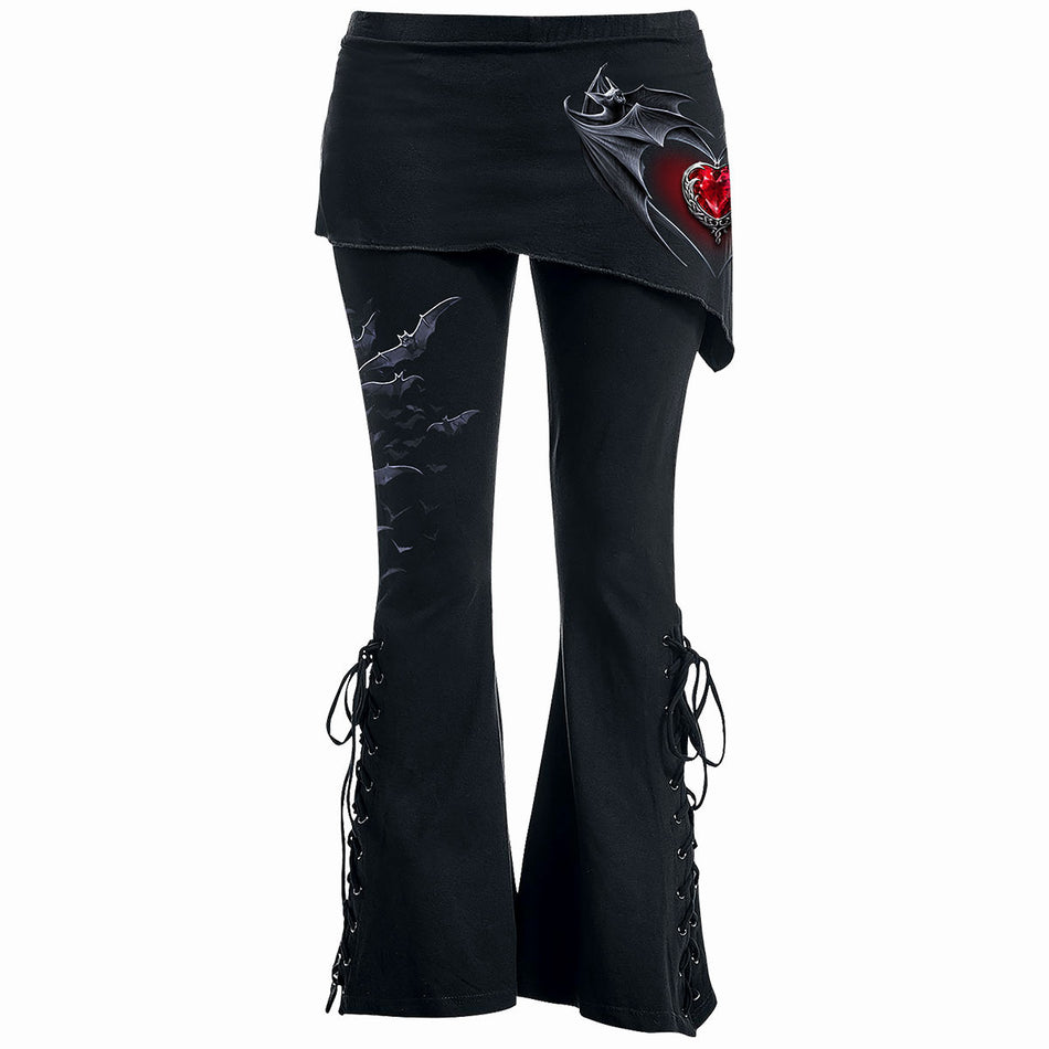 Spiral Ladies Boot Cut Leggings with Micro Skirt: Bat's Heart (Black) (Back Print)
