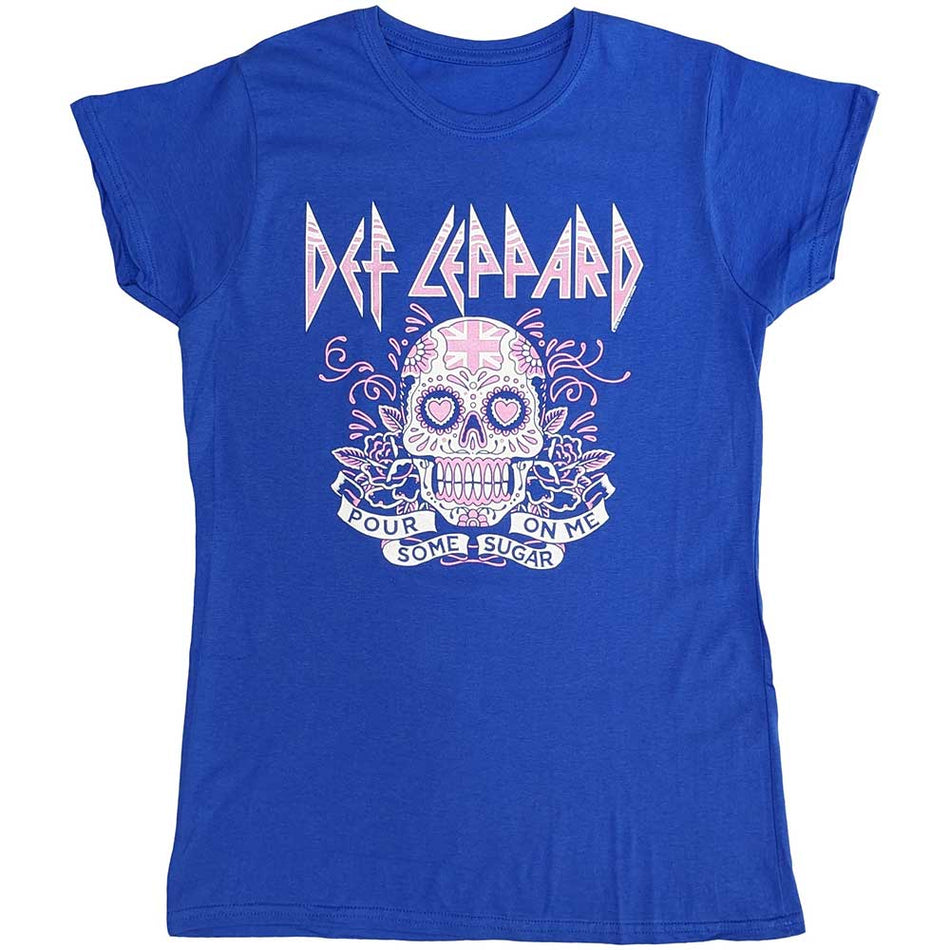 Def Leppard Ladies T-Shirt: Pour Some Sugar On Me Skull Tour 2019 (Blue) (Ex-Tour)