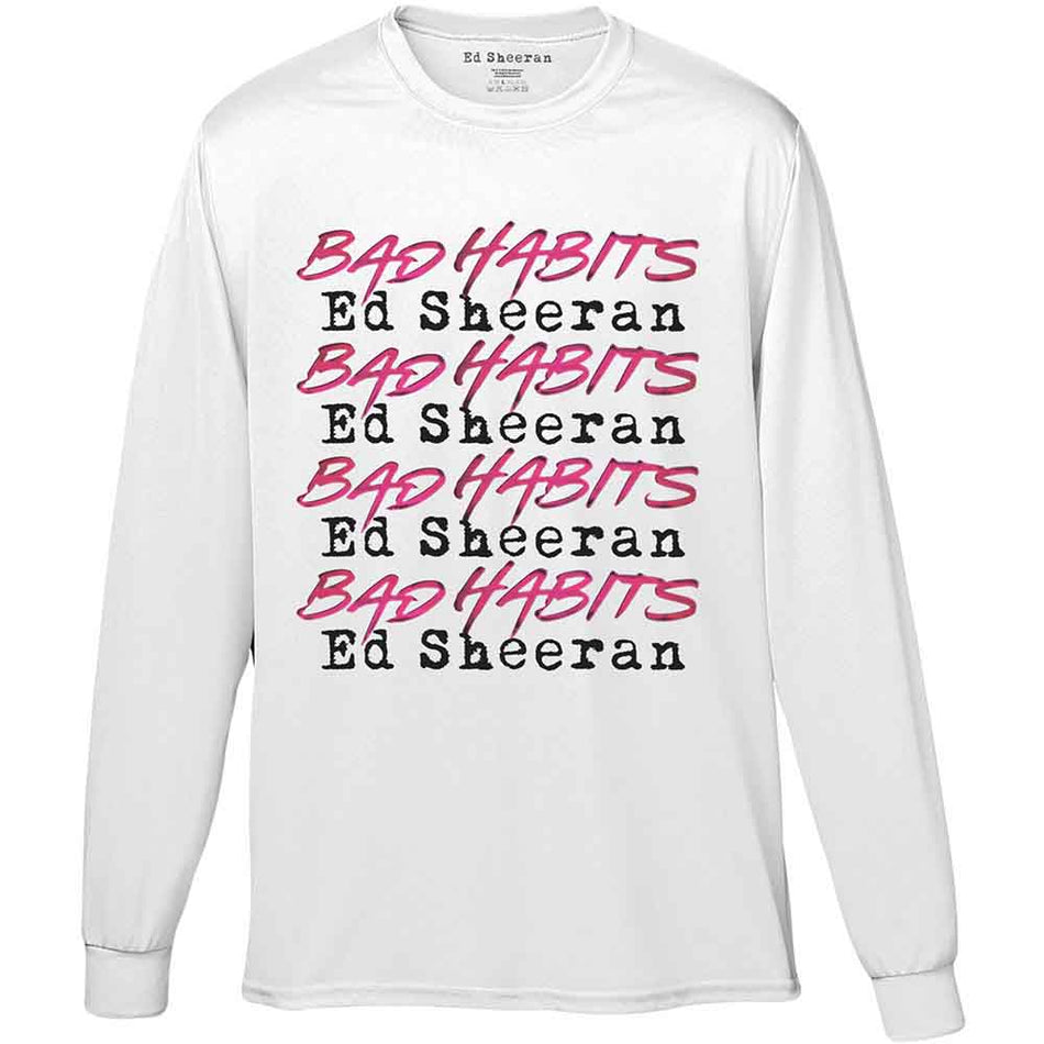 Ed Sheeran Unisex Long Sleeve T-Shirt: Bad Habits Stack (White)
