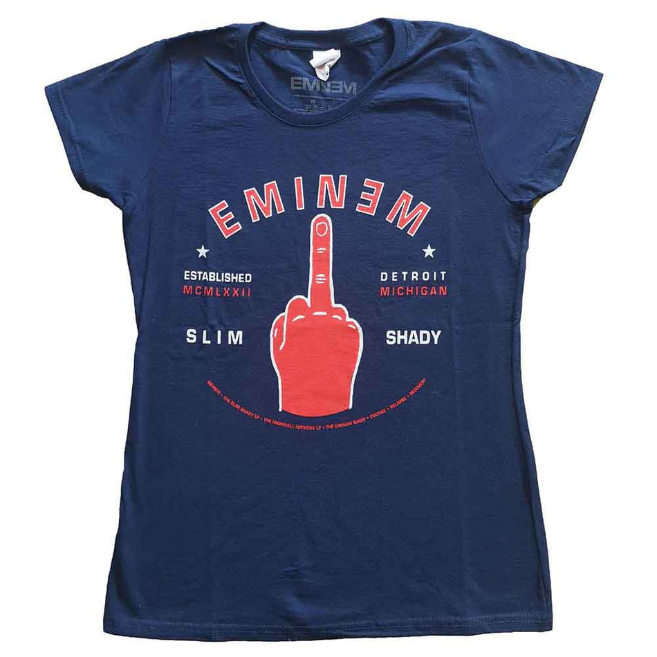 Eminem Ladies T-Shirt: Detroit Finger (Navy Blue)