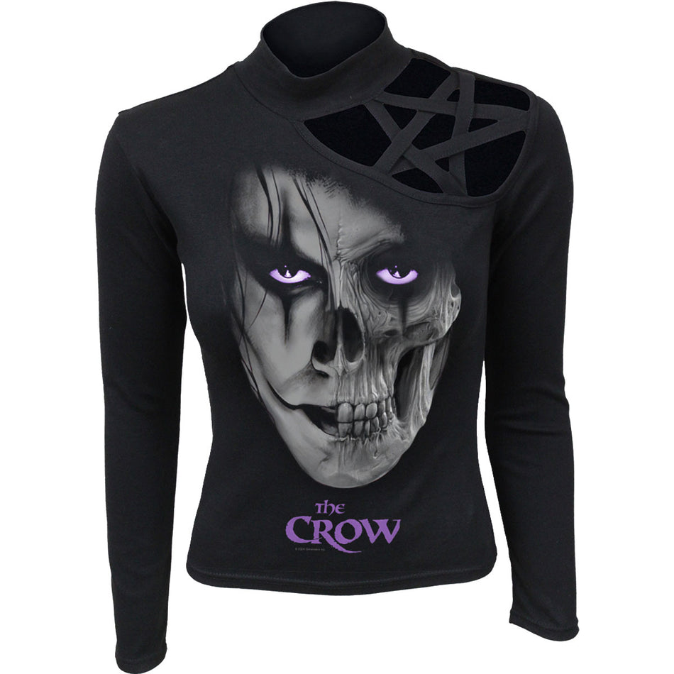 The Crow Ladies Pentagram Shoulder Top: Skull Face (Black)