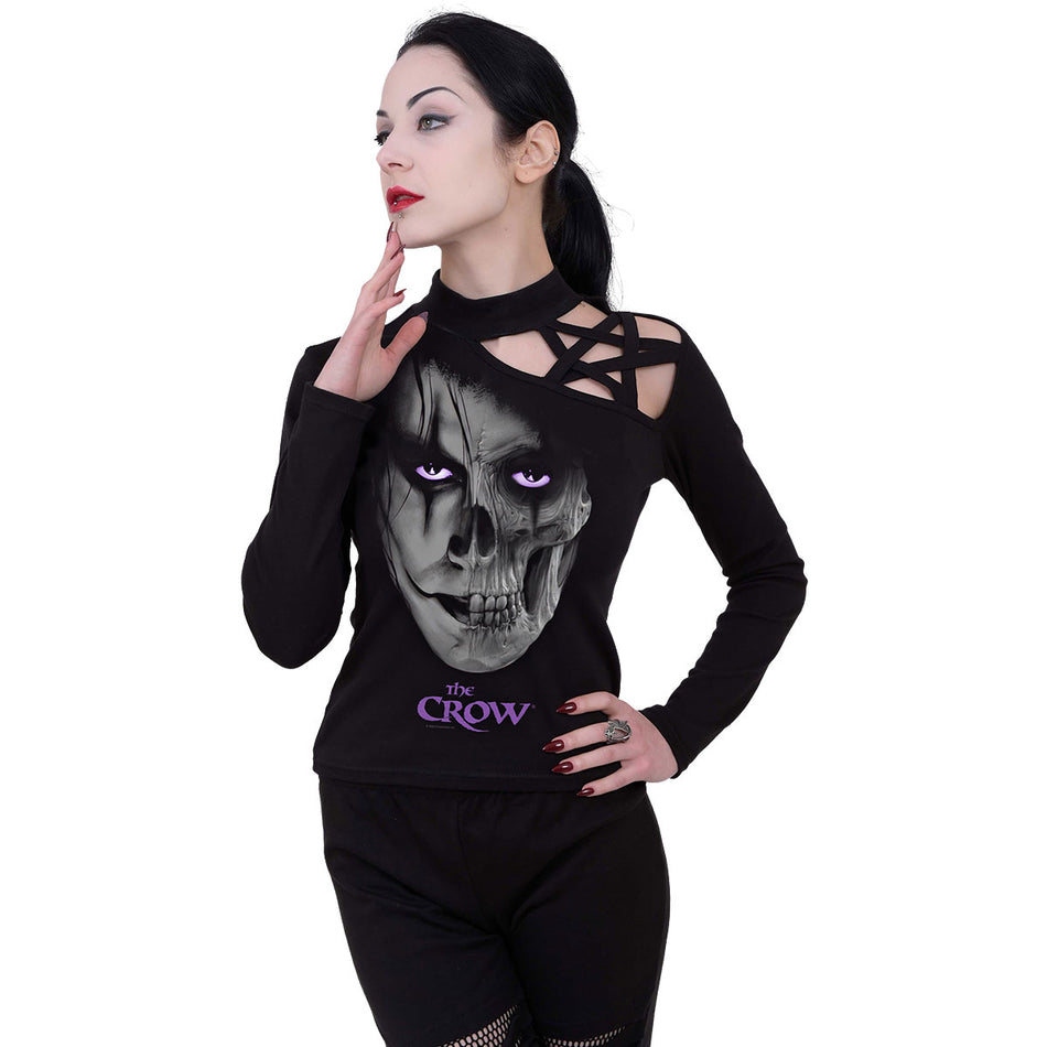 The Crow Ladies Pentagram Shoulder Top: Skull Face (Black)