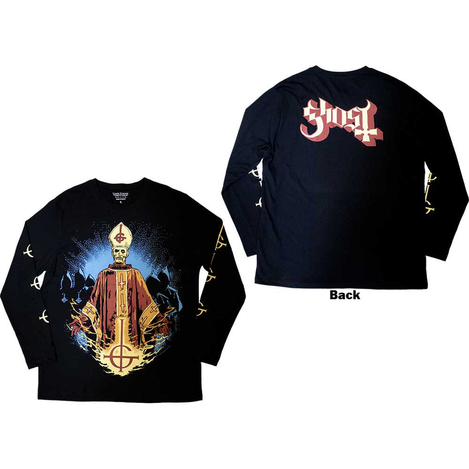 Ghost Unisex Long Sleeve T-Shirt: Papa & Radient Ghouls (Black) (Back & Sleeve Print)