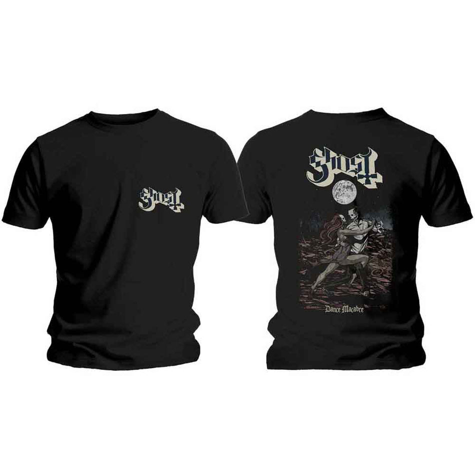 Ghost Unisex T-Shirt: Dance Macabre Cover & Logo (Black) (Back Print)