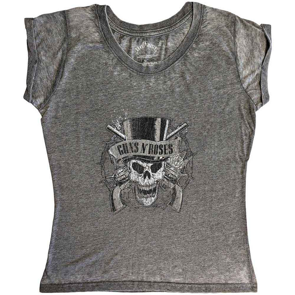 Guns N' Roses Ladies Burnout T-Shirt: Faded Skull (Charcoal Grey) (LOS)