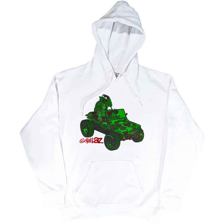 Gorillaz Unisex Pullover Hoodie: Green Jeep (White)
