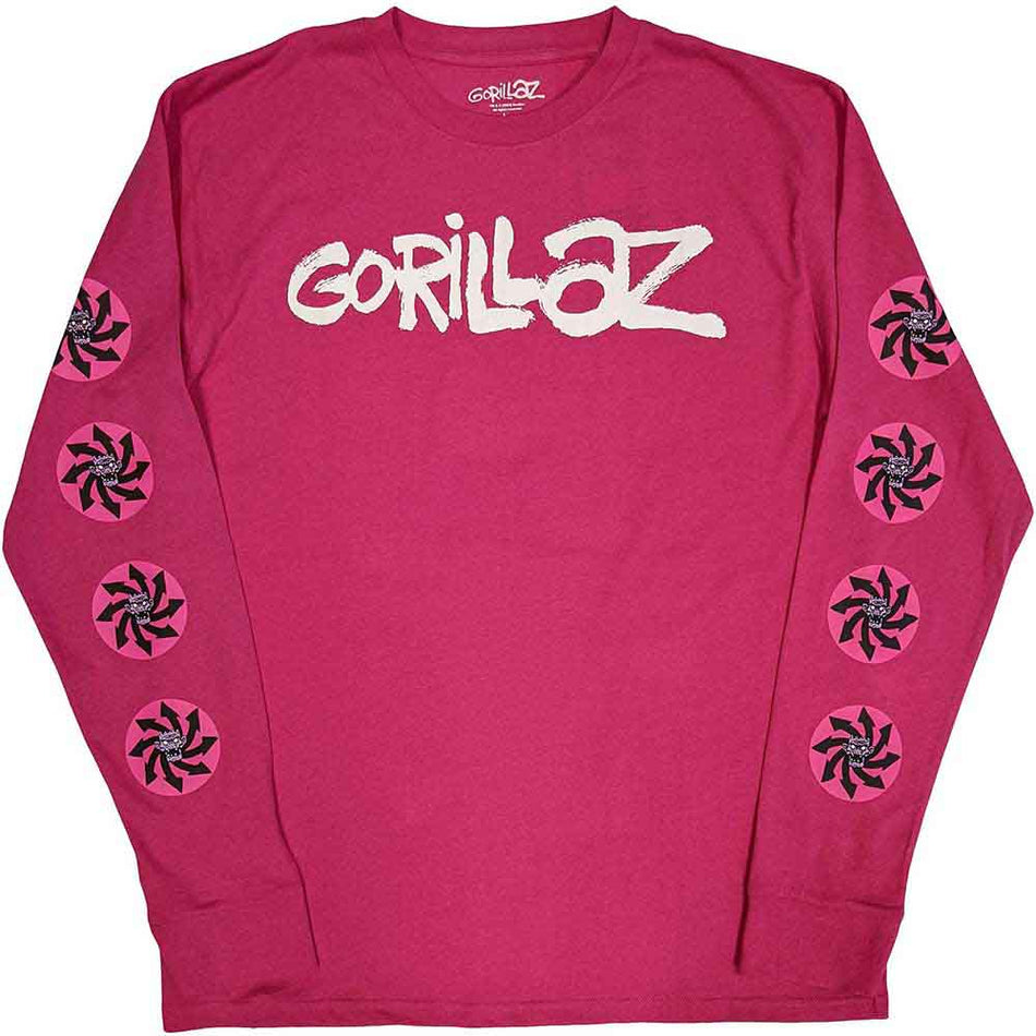 Gorillaz Unisex Long Sleeve T-Shirt: Repeat Pazuzu (Pink) (Sleeve Print)