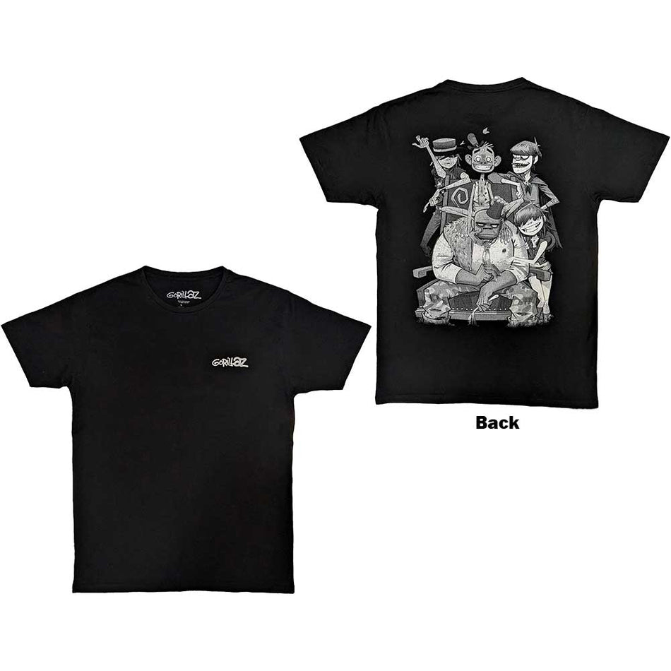 Gorillaz Unisex T-Shirt: Pocket Spray - George Group (Black) (Back Print)