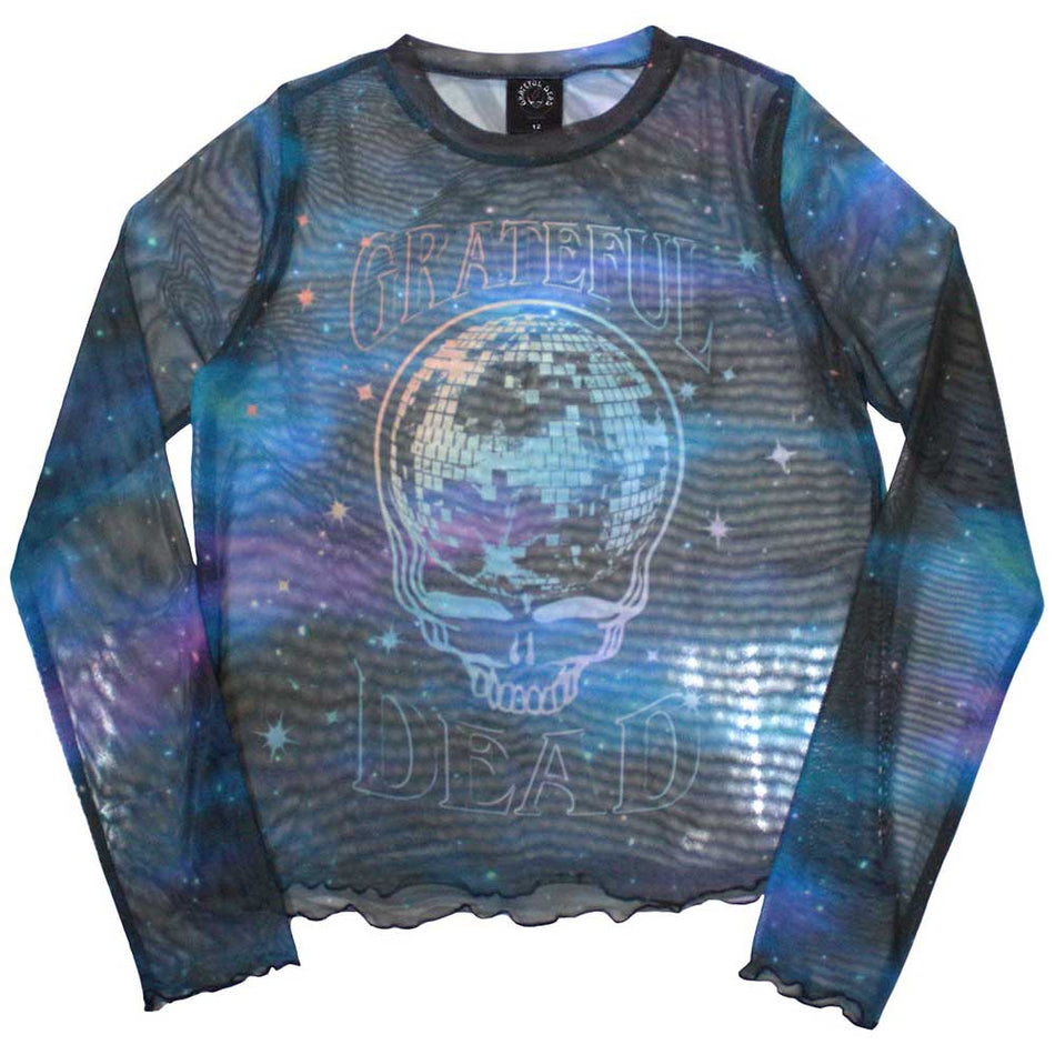 Grateful Dead Ladies Long Sleeve Mesh Crop Top: Stealy Glitter Ball (Blue)