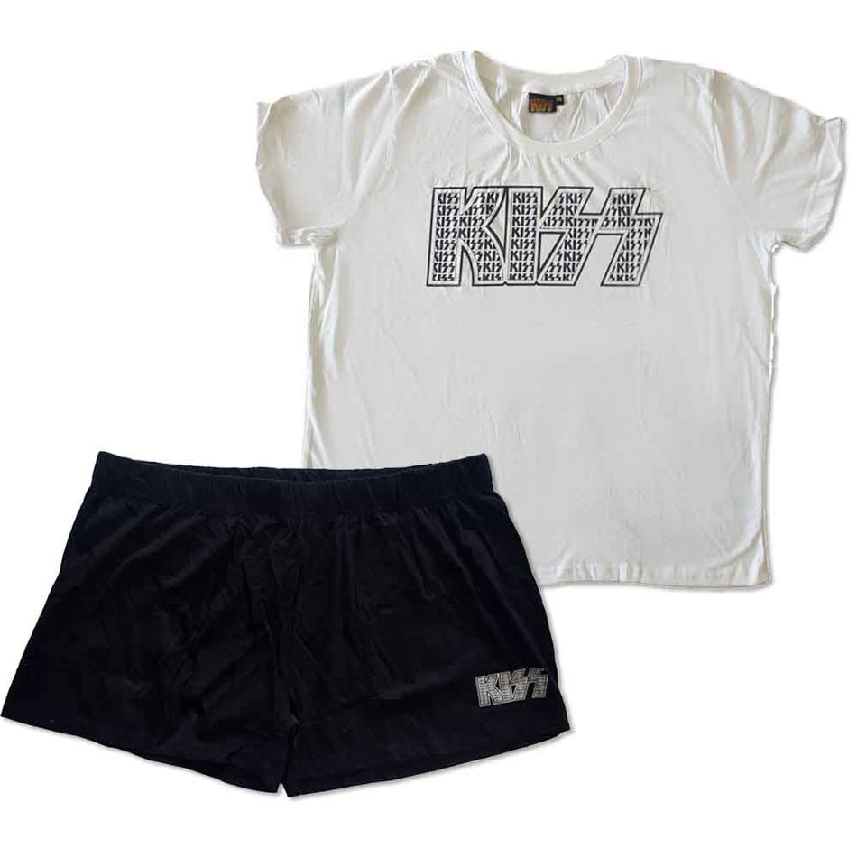 KISS Ladies Summer Pyjamas: Logo Infill (White & Black) (Ex-Tour)