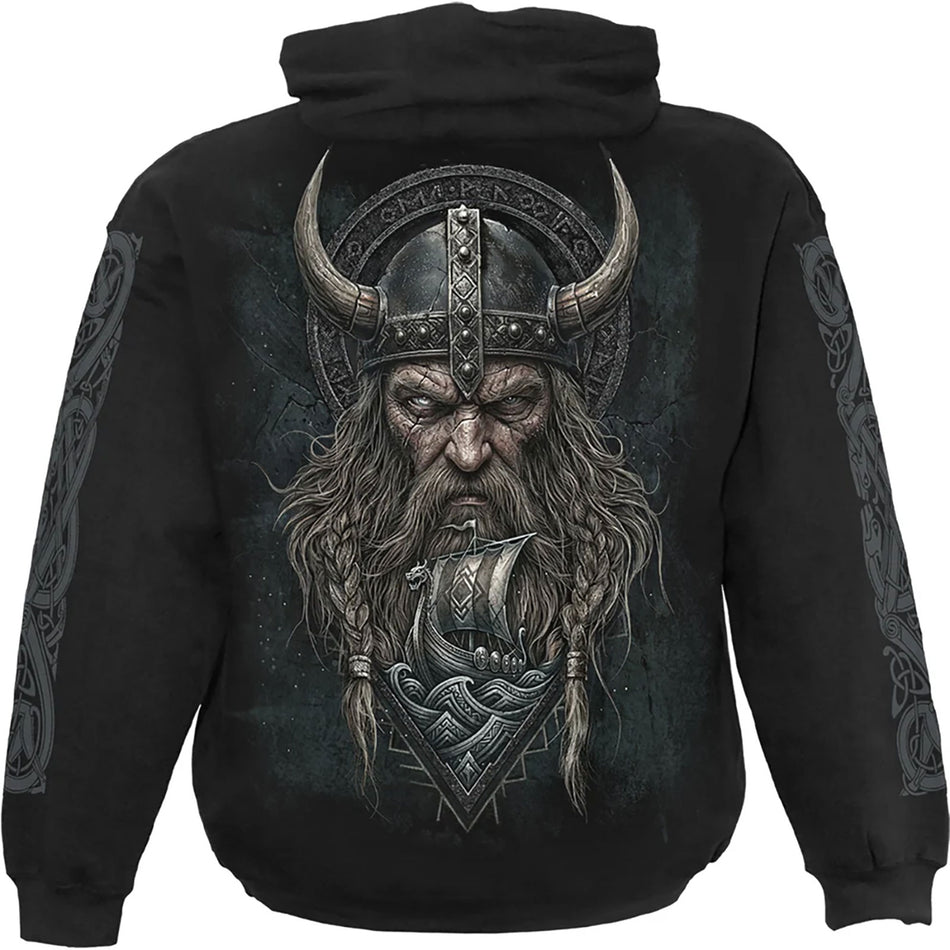 Spiral Unisex Pullover Hoodie: Viking Norseman (Black) (Back & Sleeve Print)
