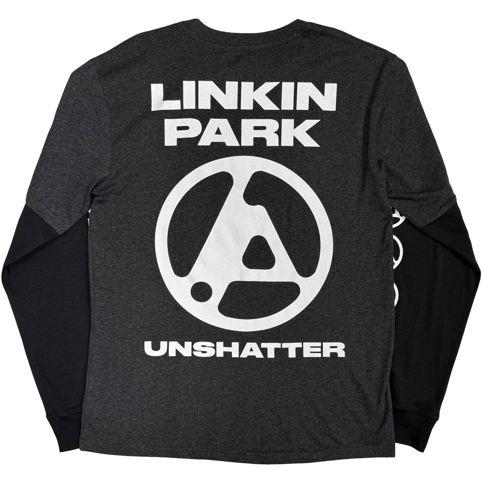 Linkin Park Unisex 2 In 1 Layered Long Sleeve T-Shirt: Unshatter (Charcoal Grey & Black) (Back Print & Sleeve Print)