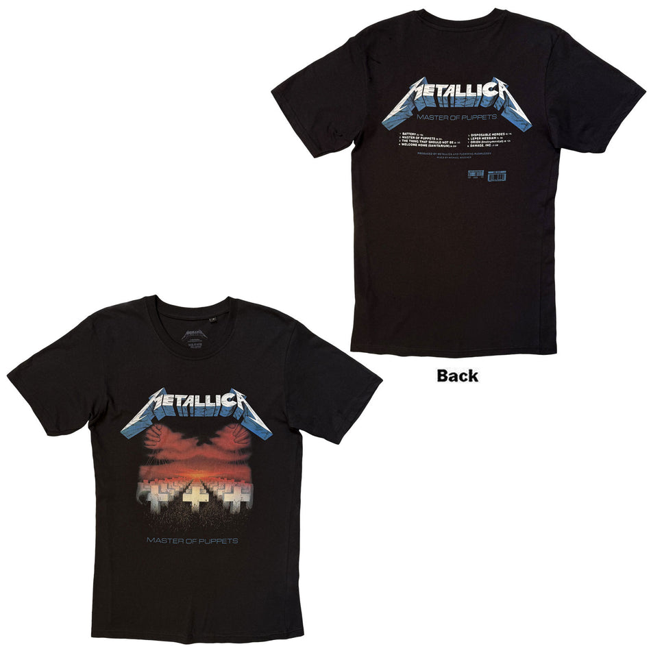 Metallica Unisex T-Shirt: Master of Puppets Tracks (Black) (Back Print)