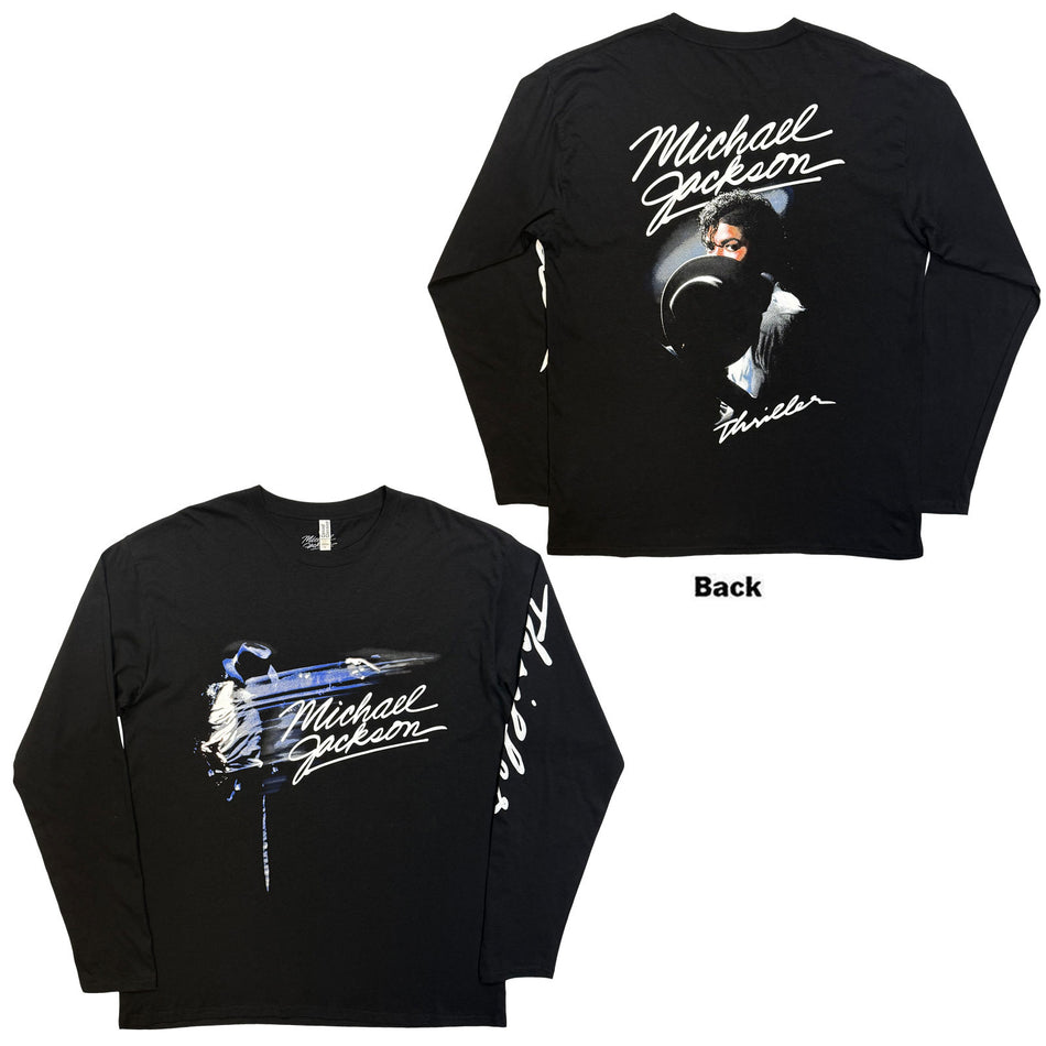 Michael Jackson Unisex Long Sleeve T-Shirt: Thriller / Hat Poses (Black) (Back Print)