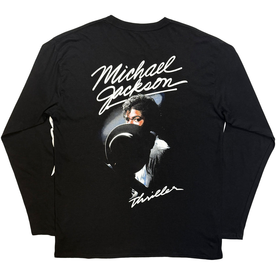Michael Jackson Unisex Long Sleeve T-Shirt: Thriller / Hat Poses (Black) (Back Print)
