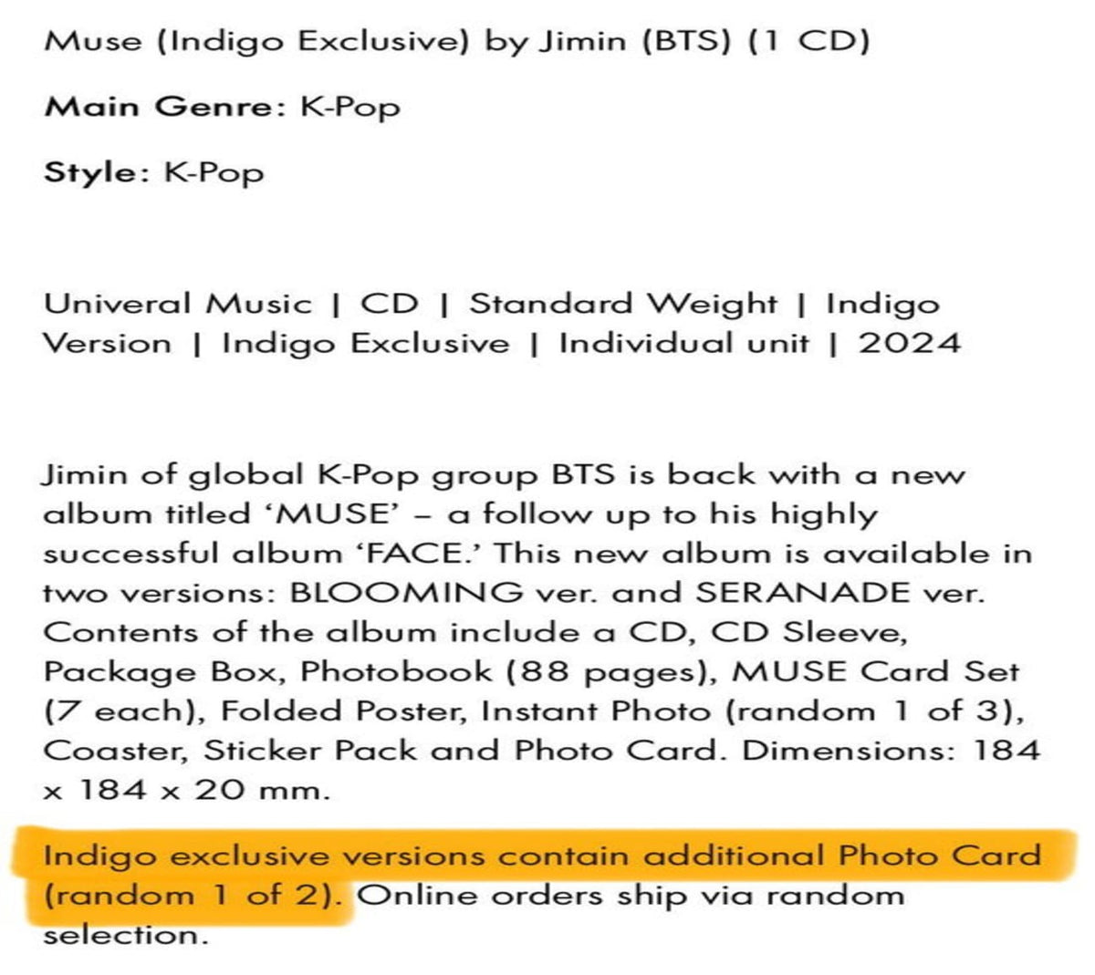 Jimin (Bts) - MUSE (INDIGO EXCL) by JIMIN (BTS) - [CD]