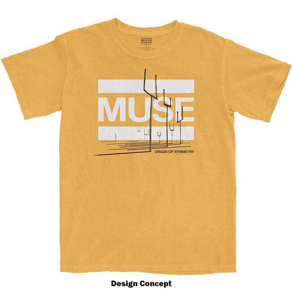 Muse Unisex T-Shirt: Origin of Symmetry (Orange Yellow Mineral Wash) (Wash Collection)