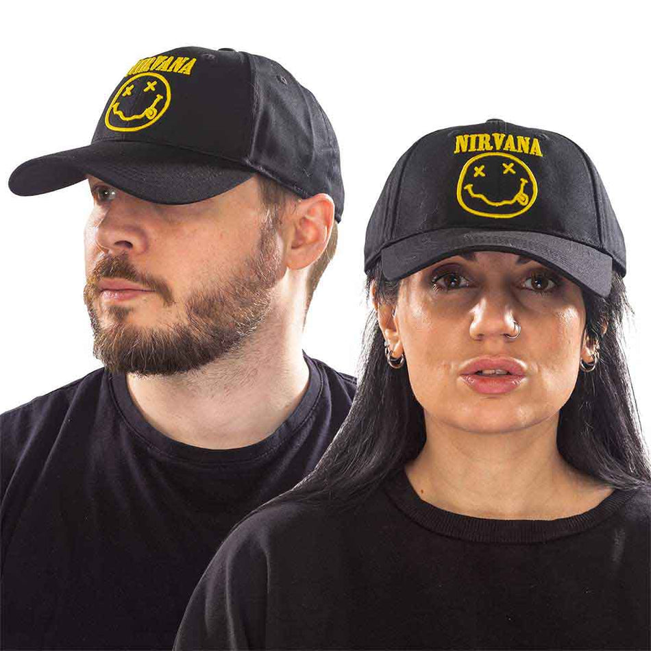 Nirvana Unisex Baseball Cap: Logo & Happy Face (Black)