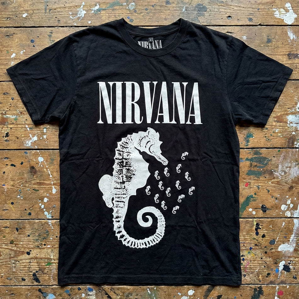 Nirvana Unisex Premium Carbon T-Shirt: Seahorse & Logo Mono (Black)