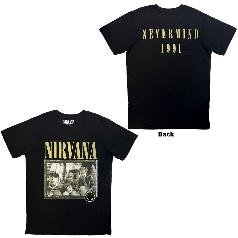 Nirvana Unisex Premium Carbon T-Shirt: Nevermind '91 Hotel Photo (Black) (Back Print)