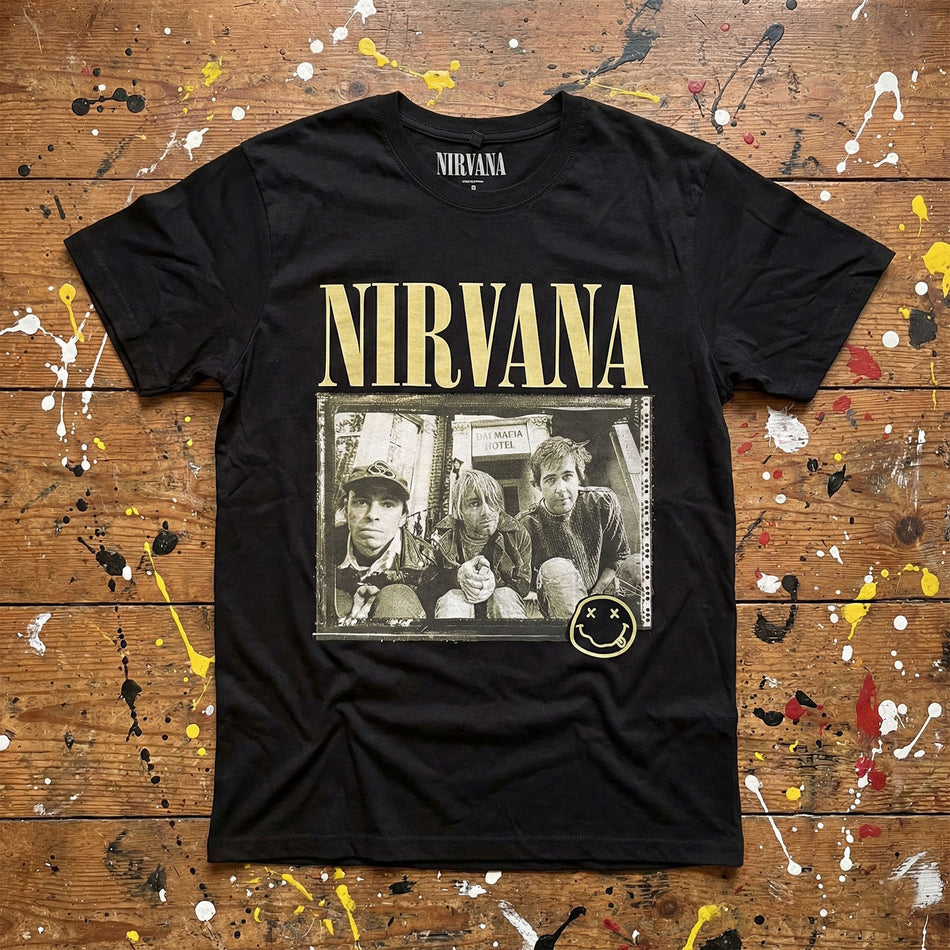 Nirvana Unisex Premium Carbon T-Shirt: Nevermind '91 Hotel Photo (Black) (Back Print)