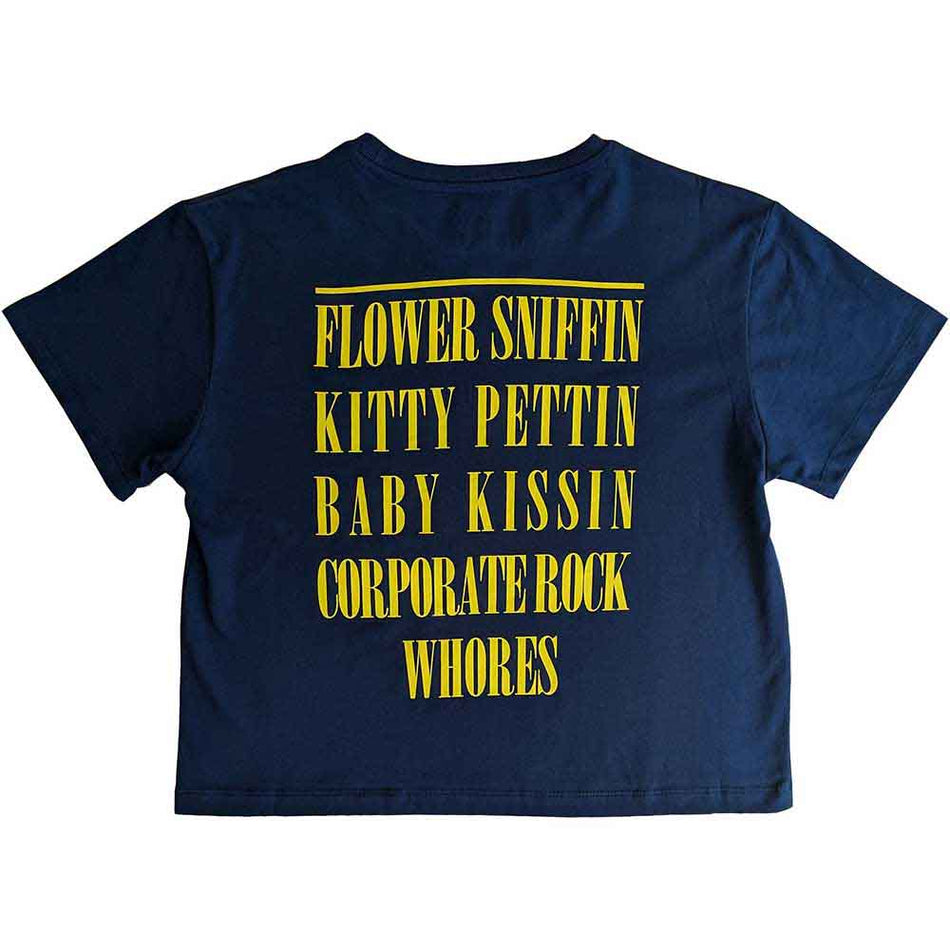 Nirvana Ladies Crop Top: Yellow Happy Face Flower Sniffin (Denim Blue) (Back Print)