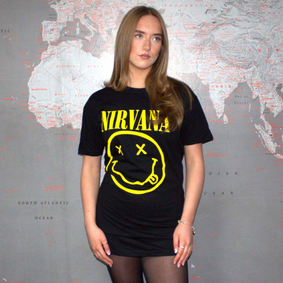 Nirvana Ladies T-Shirt Dress: Yellow Happy Face (Black)