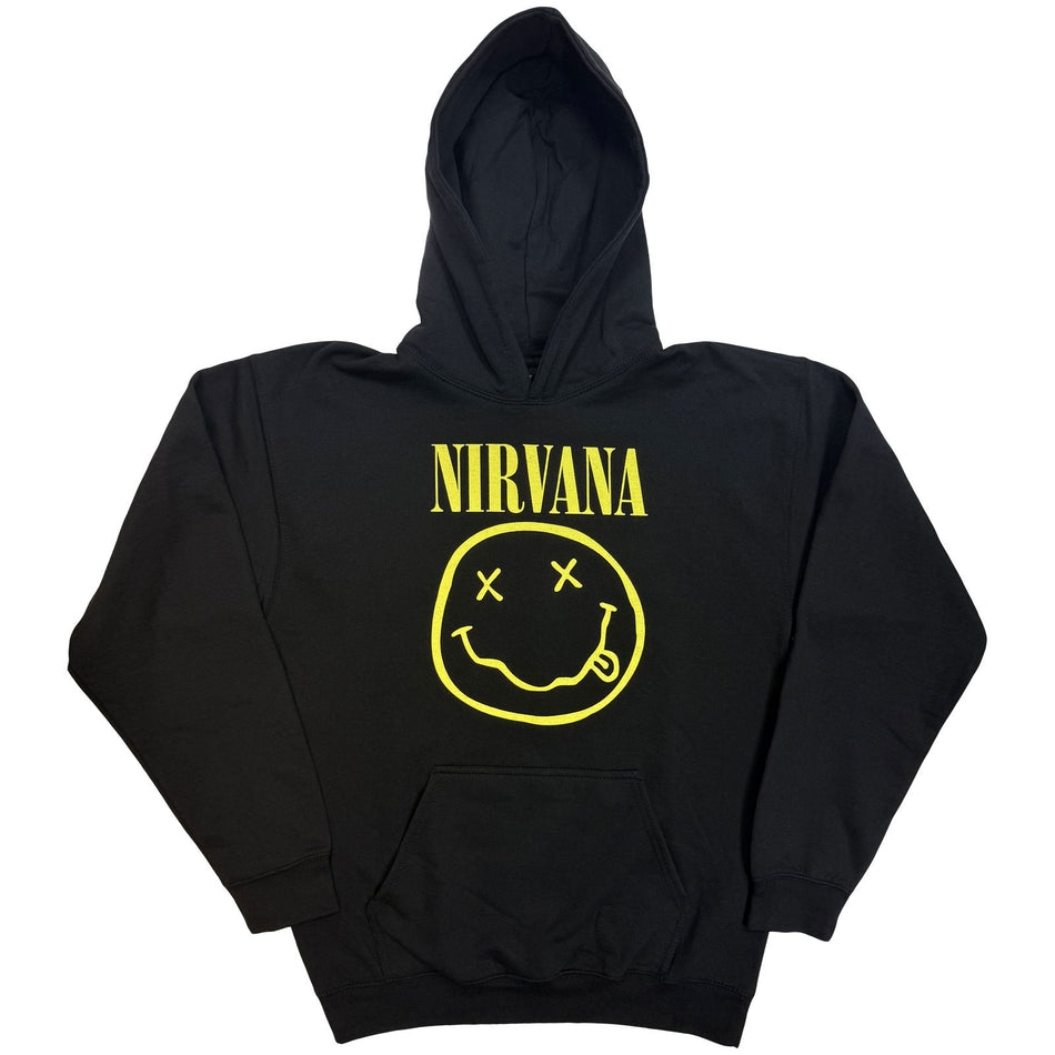 Nirvana Unisex Pullover Hoodie: Yellow Happy Face (Black)