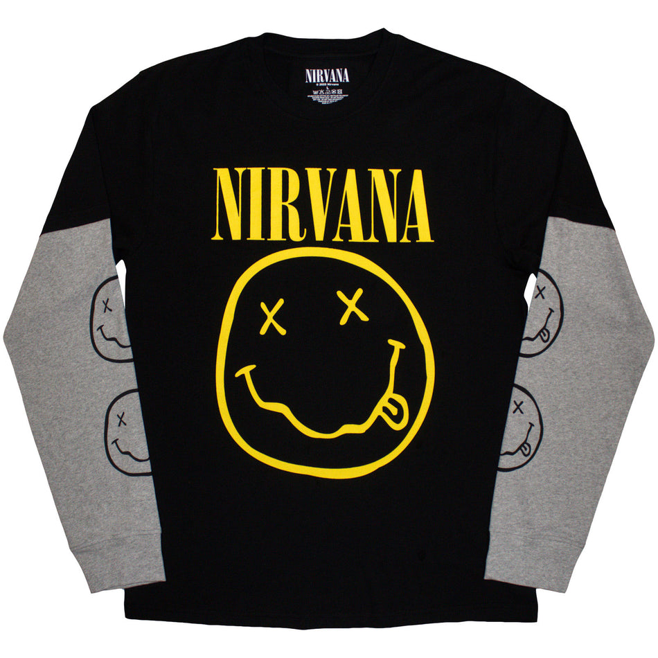 Nirvana Unisex 2 In 1 Layered Long Sleeve T-Shirt: Yellow Happy Face (Black & Grey) (Sleeve Print)
