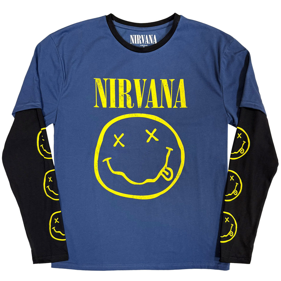 Nirvana Unisex 2 In 1 Layered Long Sleeve T-Shirt: Yellow Happy Face (Denim Blue & Black) (Sleeve Print)