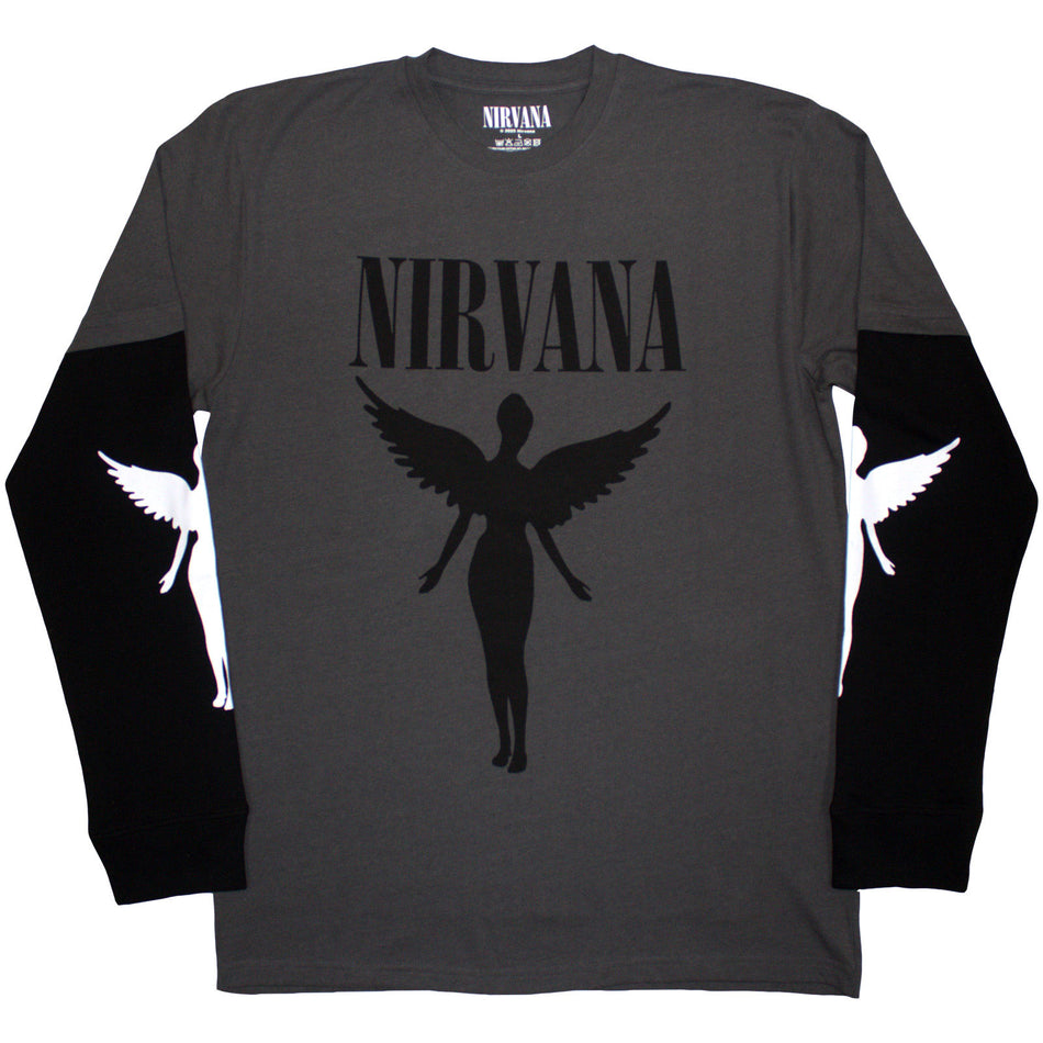 Nirvana Unisex 2 In 1 Layered Long Sleeve T-Shirt: In Utero Mono (Charcoal Grey & Black) (Sleeve Print)