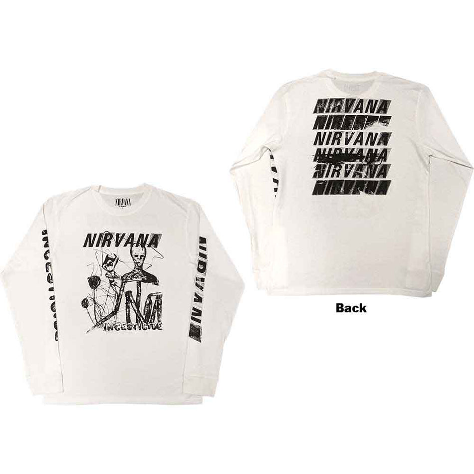 Nirvana Unisex Long Sleeve T-Shirt: Incesticide (White) (Back & Sleeve Print)
