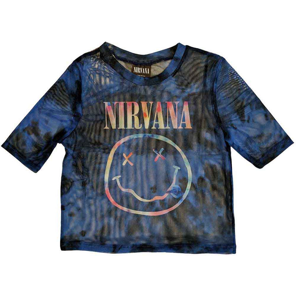 Nirvana Ladies Mesh Crop Top: Pastel Happy Face (Blue)