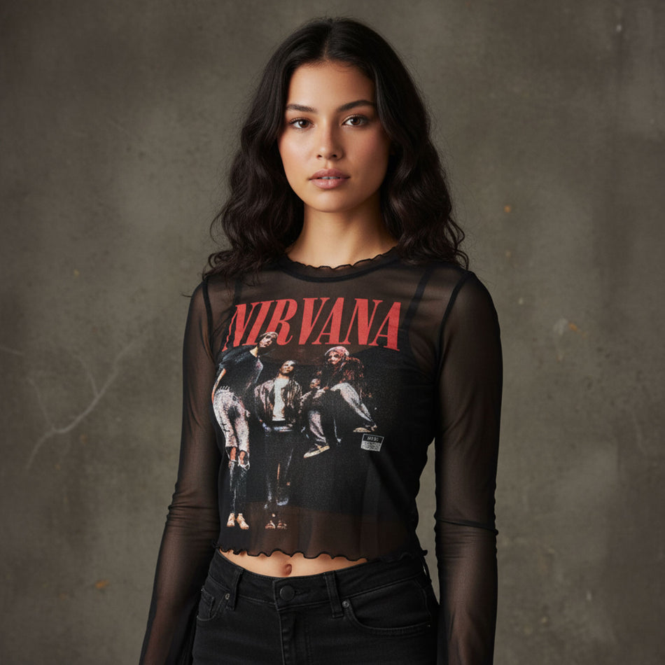 Nirvana Ladies Long Sleeve Mesh Crop Top: In Utero Band Photo (Black)