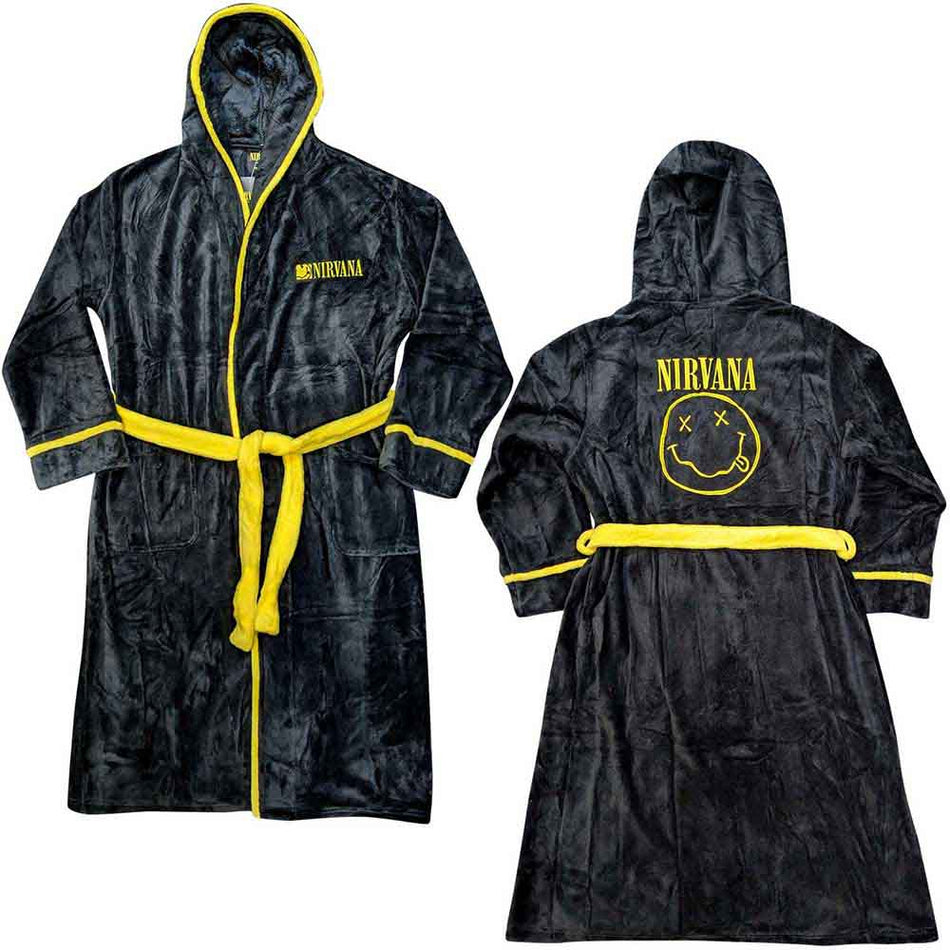 Nirvana Unisex Bathrobe: Yellow Happy Face (Black) (Back Print)