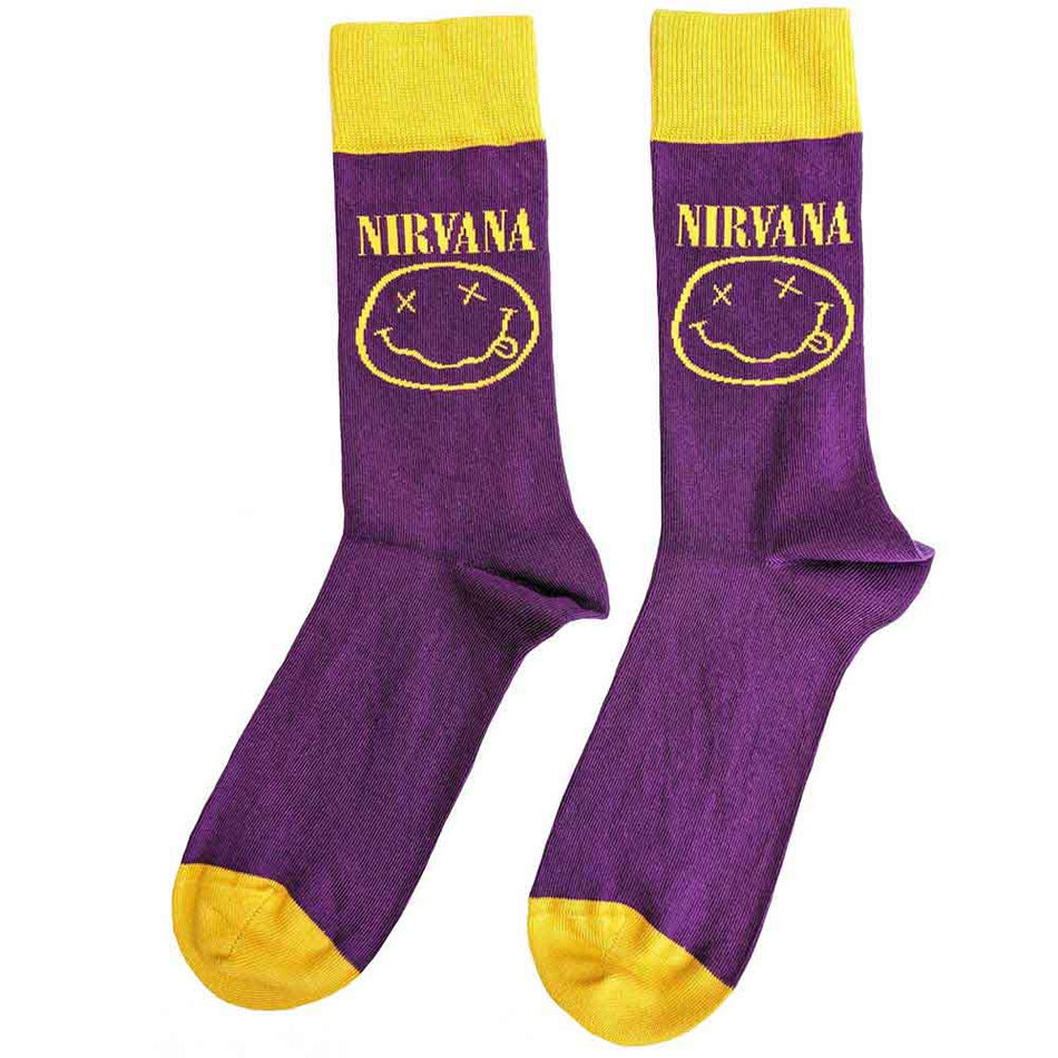 Nirvana Unisex Ankle Socks: Yellow Happy Face (Purple) (UK Size 7 - 11)