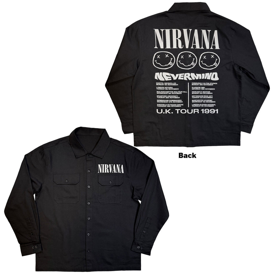 Nirvana Unisex Casual Shirt: Nevermind UK Tour '91 (Black) (Back Print)