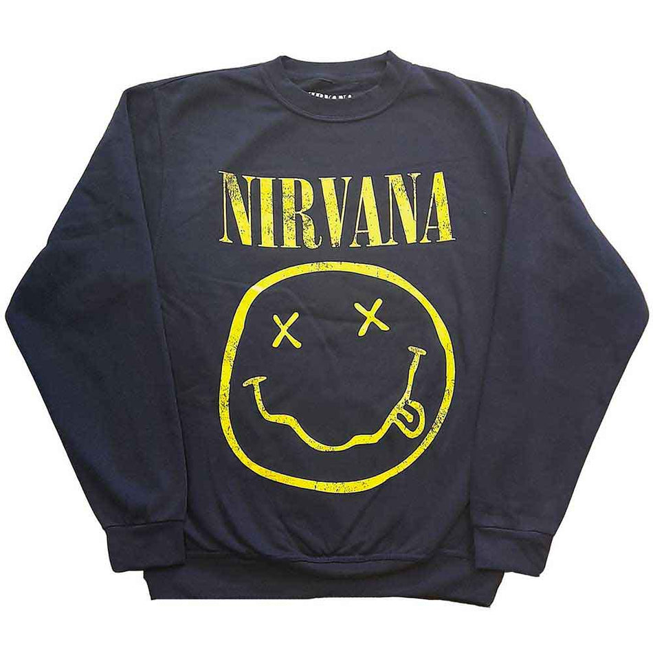 Nirvana Unisex Sweatshirt: Yellow Happy Face (Navy Blue)