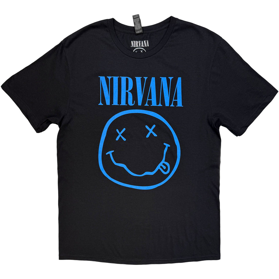 Nirvana Unisex T-Shirt: Blue Happy Face (Black)